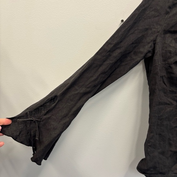 Emozioni Linen Cardigan Top Black Ruffled Tie front and wrists - Picture 6 of 14